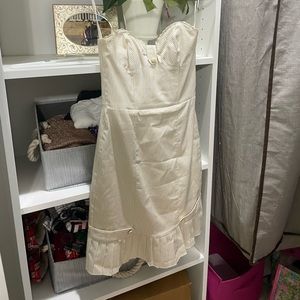 Betsey Johnson cream pinstripe strapless corset style midi dress w/pleated hem